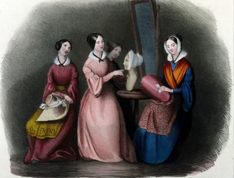 Milanese metier: jonge vrouwen maakten hoeden. Gravure uit Locarno, 1830.