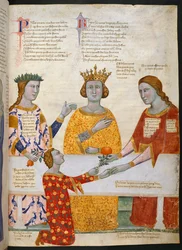 Miniatuur van het oordeel van Parijs, met Pallas Athena, Juno en Venus zittend aan een tafel, en Parijs die een olijftak aan Venus geeft, illustratie uit 
