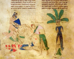Ms.EST.59 fol.85v Tristan bevrijdt koning Arthur, uit het verhaal van Tristan (perkament)