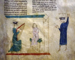 Ms.EST.59 fol.98r De dochter van koning Faramont probeert Tristan te verleiden, uit Het Verhaal van Tristan