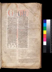 Gregorius IX, Decretales met Apparatus door Bernardo Botone van Parma, initiaal [G] in rood met gereserveerde en blauwe penwerkdecoratie