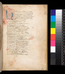 Ms 315. Horatius, Ars Poetica en Epistulae, f.1r. Versierde initiaal [N] in blauw en rood met ruitvormige vulling en omringend penwerk in rood