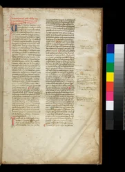 Ms 361. Valerius Maximus, Factorum et Dictorum Memorabilium Libri, f.2r. Voorbeeld van een afgeronde gotische semi-quadrata boekschrift, en gekleurde initialen met contrasterende penversieringen