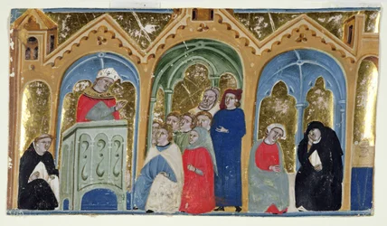 Ms. 400-2000: Miniatuur uit Gratians Decretum met een bisschop die preekt voor een congregatie, ca. 1325-30