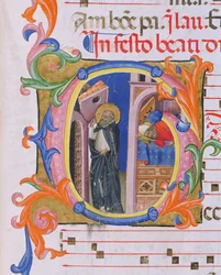 Ms 559 f.298v Geïllustreerde initiaal G die St. Dominic afbeeldt die de Kerk ondersteunt en de Droom van Paus Honorius III (1216-27) uit Psalter H uit San Marco e Cenacoli