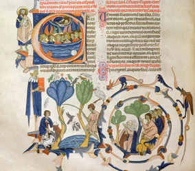 Ms 766 Christus spreekt tot engelen en scènes uit het middeleeuwse dagelijks leven (boeren, vissen en bidden, miniaturen uit de Liber Quatuor Sententiarum (Boek der Sententies) door Petrus Lombardus
