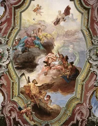 Mythologische scène met Jupiter, Juno, de Muzen en Vader Tijd