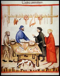 Nova 2644 fol.77r Slagerij, verkoop van hersenen, uit Tacuinum Sanitatis Codex Vindobonensis