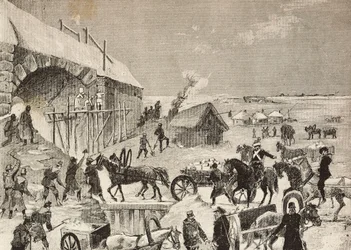 Een van de forten in aanbouw aan de Russische grens, gravure naar schets van Fritzmann, uit L