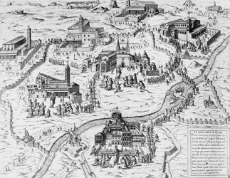Pelgrims die de Zeven Kerken van Rome bezoeken tijdens Heilig Jaar van 1575