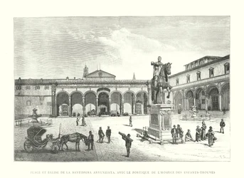 Plein en kerk van de Santissima Annunziata, met de portiek van het weeshuis (gravure)