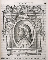 Portret van Filippo Brunelleschi (1377-1446) uit Vasaris Levens van de Kunstenaars, voor het eerst gepubliceerd in 1550