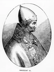Portret van paus Innocentius IV (overleden 1254) illustratie uit Science and Literature in the Middle Ages and Renaissance, geschreven en gegraveerd door Paul Lacroix, 1878