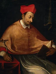 Portret van de heilige Karel Borromeüs (1538-1584), Italiaans aartsbisschop en kardinaal, schilderij van een anonieme kunstenaar, kerk van San Carlo, Arona, Piëmont, Italië