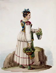 Portret van een jonge vrouw uit Capri, in traditionele kleding, met druiven