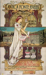 Poster die geneeskrachtig water van de Antica Fonte di Rabbi nel Trentino adverteert