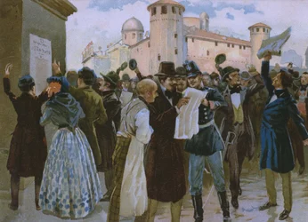 Proclamatie van de resultaten van het referendum van 4 maart 1848 voor Palazzo Reale in Turijn, illustratie uit een album over de geschiedenis van Risorgimento gemaakt voor de chocolade Talmone, eind 19e eeuw