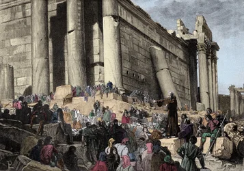 Afbeelding van Arnaud de Brescia (Arnaldo da Brescia) (1090-1155), Italiaanse politieke en religieuze hervormer, tijdens de voorspelling. In 1145 predikte hij in Rome de opstand tegen paus Eugenius III, die moest worden opgejaagd en probeerde de Romeinse R