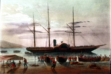 Risorgimento: het vertrek op 8/08/1860 van Giuseppe Missori, officier van het leger van Giuseppe Garibaldi (1807-1882), in de Straat van Messina richting het Fort van Villa San Giovanni. Illustratie uit de 19e eeuw