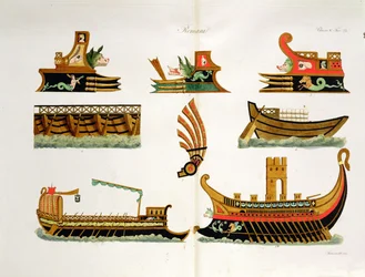 Romeinse schepen met details van boegbeelden, plaat 23, klasse 5 uit Deel I van De Geschiedenis van de Naties, gegraveerd door Simonetti