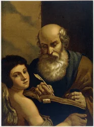 Sint Mattheüs schrijft en een engel - in “Aurea Bibbia classica: storia della rivelazione divina nell