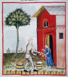 Verkoop van zure melk (c.59v), Tacuinum Sanitatis, Codex Vindobonensis Series Nova 2644