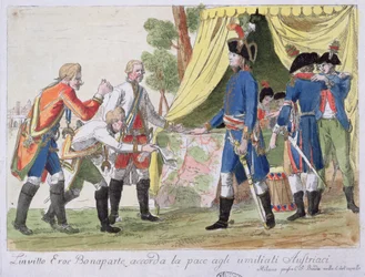 Ondertekening van het Verdrag van Campo Formio tussen Frankrijk (vertegenwoordigd door Bonaparte) en Oostenrijk (vertegenwoordigd door Cobenzl) in 1797