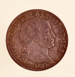 Zilveren Italiaanse munt (ecu) uit het koninkrijk Sardinië: regering van Victor Emanuel I (1821)
