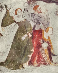 Sneeuwballengevecht buiten een kasteel, ca. 1400 (detail)