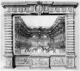 Toneelontwerp door Giacomo Torelli (1608-78) voor la Finta Pazza uitgevoerd in 1645 in Theatre Petit Bourbon in Parijs, 1654