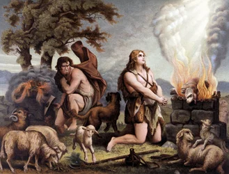 De Aanbidding van het Lam (Kaïn en Abel) - Kaïn en Abel (offeren een schaap) in 