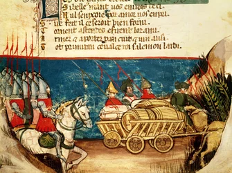 Het leger van Karel de Grote (742-814) en het transport van voorraden, uit een Venetiaans codex