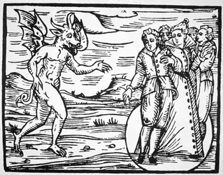 De Evocatie van de Duivel, kopie van een illustratie uit Compendium Maleticarum door Fr M Guaccius, Milaan 1608, gebruikt in Geschiedenis van de Magie, gepubliceerd eind 19e eeuw