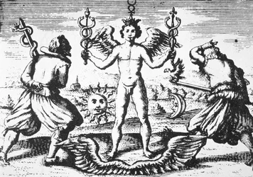 Het Kwik van de Filosofen, uit Della Tramutatione Metallica door Giovanni Battista Nazari (1589) geïllustreerd in een geschiedenis van magie gepubliceerd eind 19e eeuw