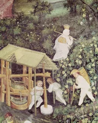 De maand oktober, detail van druivenplukkers die druiven persen, ca. 1400