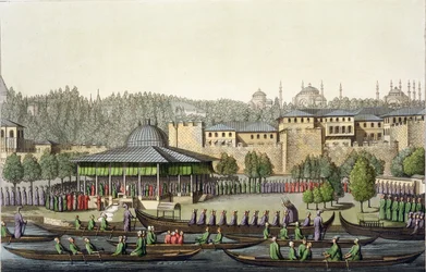 De voorstelling van de admiraal aan de sultan, plaat 14 uit Deel III, Deel I van De geschiedenis van de naties, gegraveerd door Giacomo Bussi, ca. 1820