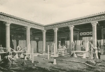 Het viridarium in het huis van de Vettii zoals het was (gravure)
