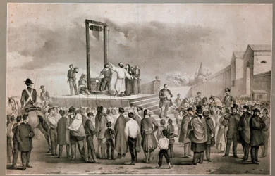 De executie op 13/03/1858 van Felice Orsini (1819 - 1858) en Pieri, die de aanslag van 14 januari 1858 tegen Napoleon III op de Place de la Roquette in Parijs uitvoerden. Lithografie uit het einde van de 19e eeuw. Milaan, Museo del Risorgimento