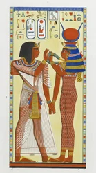 De godin Hathor plaatst de magische kraag op Seti I