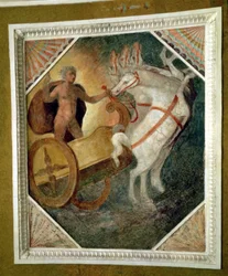 De hal op het niveau van het Nymphaeum, detail van gewelfdecoratie die Zeus toont die afdaalt van Olympus in zijn wagen, mogelijk uitgevoerd door Bartolomeo Ammannati