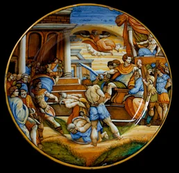 Het martelaarschap van de broers Johannes en Paulus onder het bewind van keizer Julianus de Afvallige (Flavius Claudius Julianus, 331-363), vervaardigd in Urbino, Italië. Omstreeks 1540, Florence, Museo Nazionale del Bargello