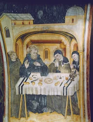 Het wonder van de regen na de tussenkomst van St. Scholastica tijdens de maaltijd met haar broer, St. Benedictus
