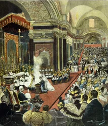 Het kerkelijk huwelijk van de toekomstige koning Victor Emanuel III (Victor-Emmanuel) (Vittorio Emanuele) met prinses Helena van Montenegro in de kerk Santa Maria degli Angeli in Rome in 1896.