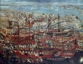 De triomfantelijke terugkeer van de Venetiaanse vloot naar het arsenaal na de campagne geleid door Doge Francesco Morosini tegen de Turken in 1659