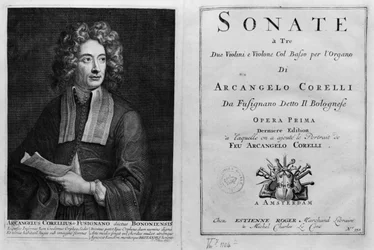 Titelpagina van Sonate a Tre met een portret van Arcangelo Corelli (1653-1713)