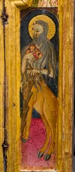 Drieluik: Sint Antonius Abt tronend, Sint Paulus de Kluizenaar en Sint Onophrius, detail, midden 14e eeuw (tempera op paneel)