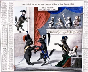 Eenheid van Italië: allegorische kalender van het jaar 1865: cartoon met de leeuw Giuseppe Garibaldi die op het punt staat op de Franse muis en de Oostenrijkse vos te springen om Italië te bevrijden. De muzikanten zijn katten