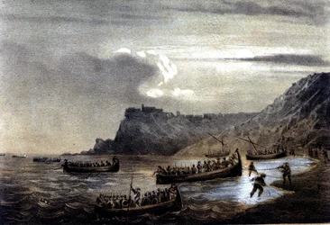 Eenwording van Italië: expeditie van de Duizend of Rode Hemden onder leiding van Giuseppe Garibaldi. Het vertrek van de eerste vloot van Garibaldianen naar Calabrië bij Fort Stella. Lithografie uit de 19e eeuw