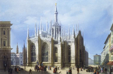 Zicht op de achterkant van de Kathedraal van Milaan uit Zichten op Milaan en zijn omgeving