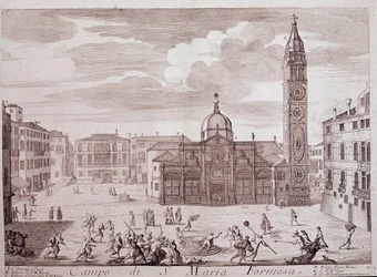 Uitzicht op het plein van de kerk van Santa Maria Formosa in Venetië (Gravure uit 